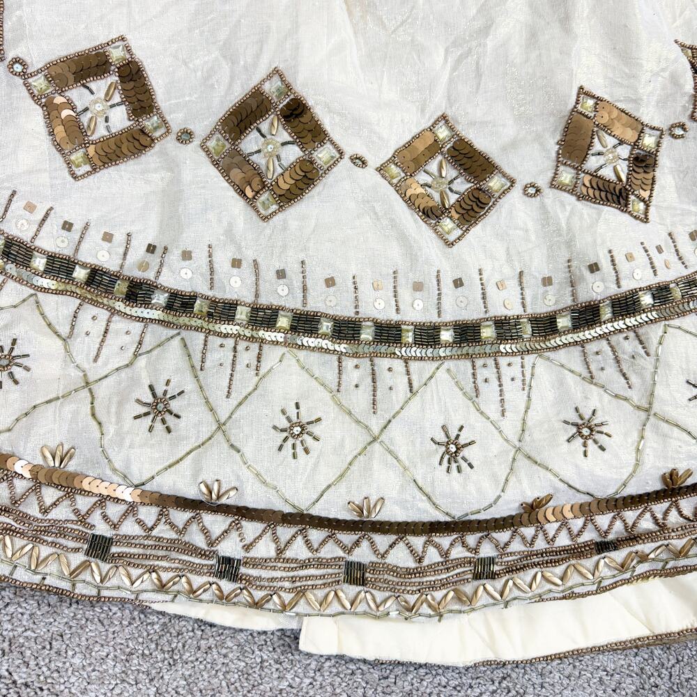 Kim Seybert Cream & Gold Beaded Christmas Tree Skirt Sequin Accent EUC - Picture 2 of 7